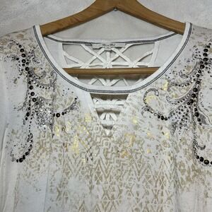 Miss Me White Long Sleeve Top with Rhinestones Y2K‎ Size Medium Country Western
